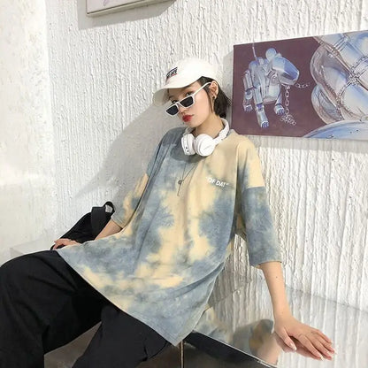 Summer national trend hip-hop tie-dye short-sleevedstyle Korean version ins loose couple's five-point half-sleeved T-shirt top Street King Limited