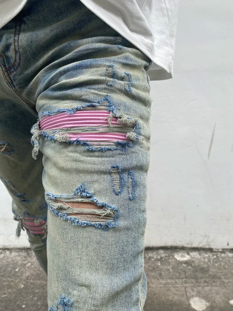 destroied ripped holes patckwork denim jean mens casual distressed washed biker jeans new fashion high street slim pants joggers unique joggers style 2372