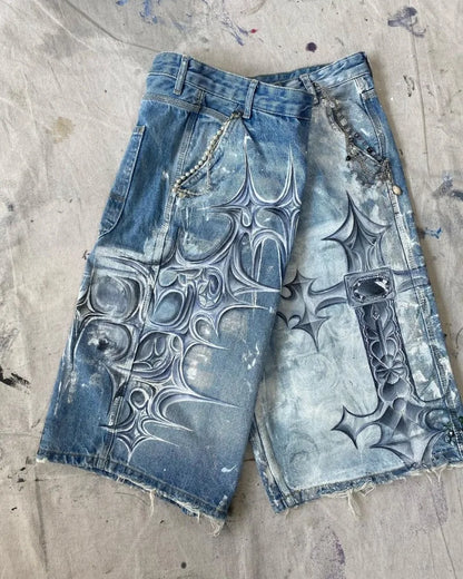 y2k american street retro graffiti anime print oversized denim shorts men shorts high waist fashion loose casual wide leg pants unique jeans style 3359