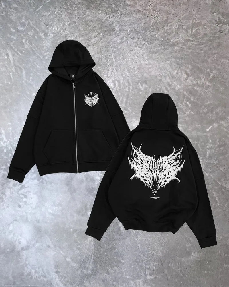 Y2k American Hip-hop Rock Dark Style Oversized Hoodie Men Street Harajuku Retro Casual All-match Zipper Sweatshirt Women Street King Limited