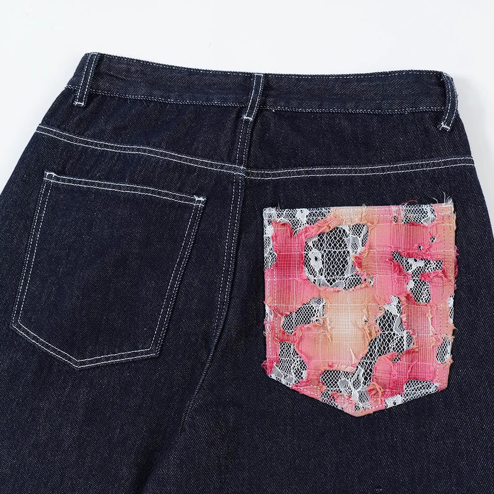 fashion men jeans pocket patchwork loose denim pants hip hop streetwear baggy trousers y2k men s jeans stacked flare jeans