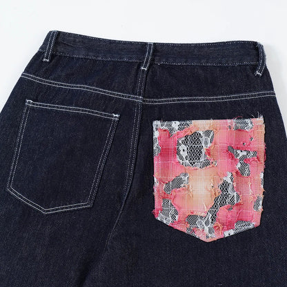 fashion men jeans pocket patchwork loose denim pants hip hop streetwear baggy trousers y2k men s jeans stacked flare jeans