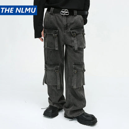 multi pocket cargo jeans men korean fashion loose straight denim pants baggy cargo bottoms