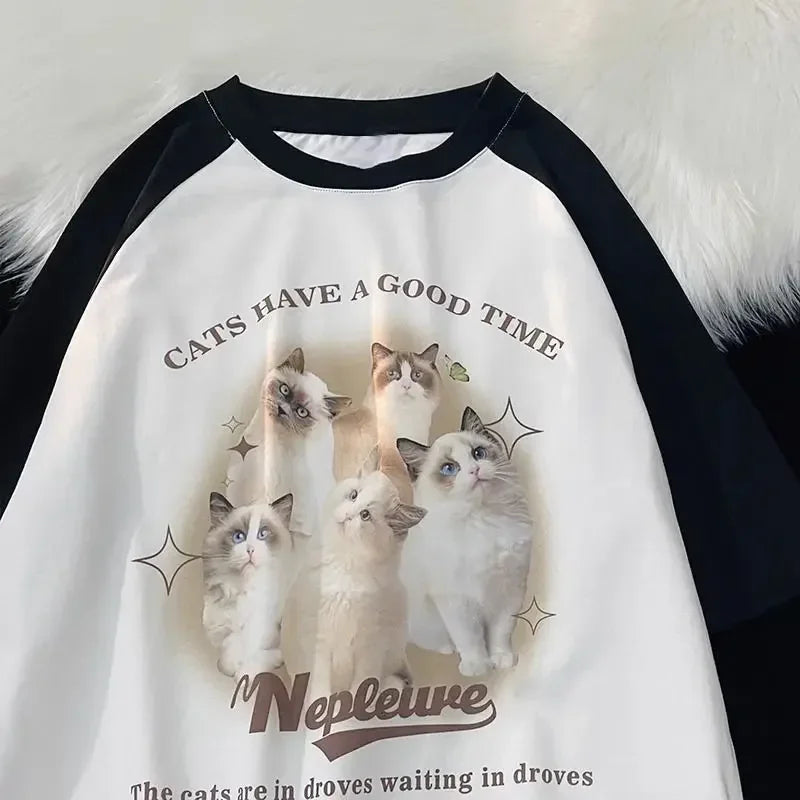 Cotton Cute Cat Graphic T shirt Summer Fashion Loose Women Vintage Personality Fresh art kawaii clothes Short Sleeve Tops Street King Limited