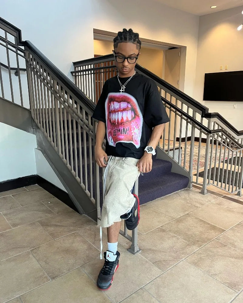 Trendy Gothic Big Mouth Graphic Printed Oversized T-shirt Women's 2024 New Summer Round Neck Loose Harajuku All-match Shirt Top Street King Limited