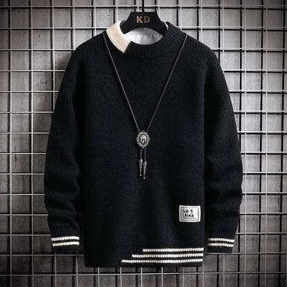 Autumn Winter Men Sweater Warm Top New Fashion Stitching Color Matching Pullover Round Neck Sweater Thickened Knitted Sweater Street King Limited