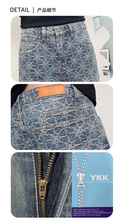 men jacquard streetwear hip hop vibe casual straight denim jeans pants boyfriend high street ripped jeans trousers unique jeans style 3021