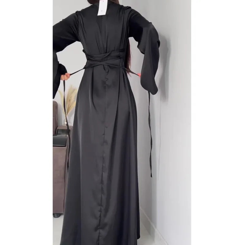 2024 Women Satin Long Dresses Sexy Lace Up Slim Evening Dresses Simple Round Neck Flare Sleeve Birthday Party Dresses For Women Street King Limited