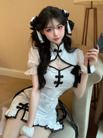 Vintage Chinese Style Cheongsam High Split Mini Dress 2024 Tie Dye Gothic Women Aesthetic Bandage Dresses Y2k Sexy Bodycon Robe Street King Limited