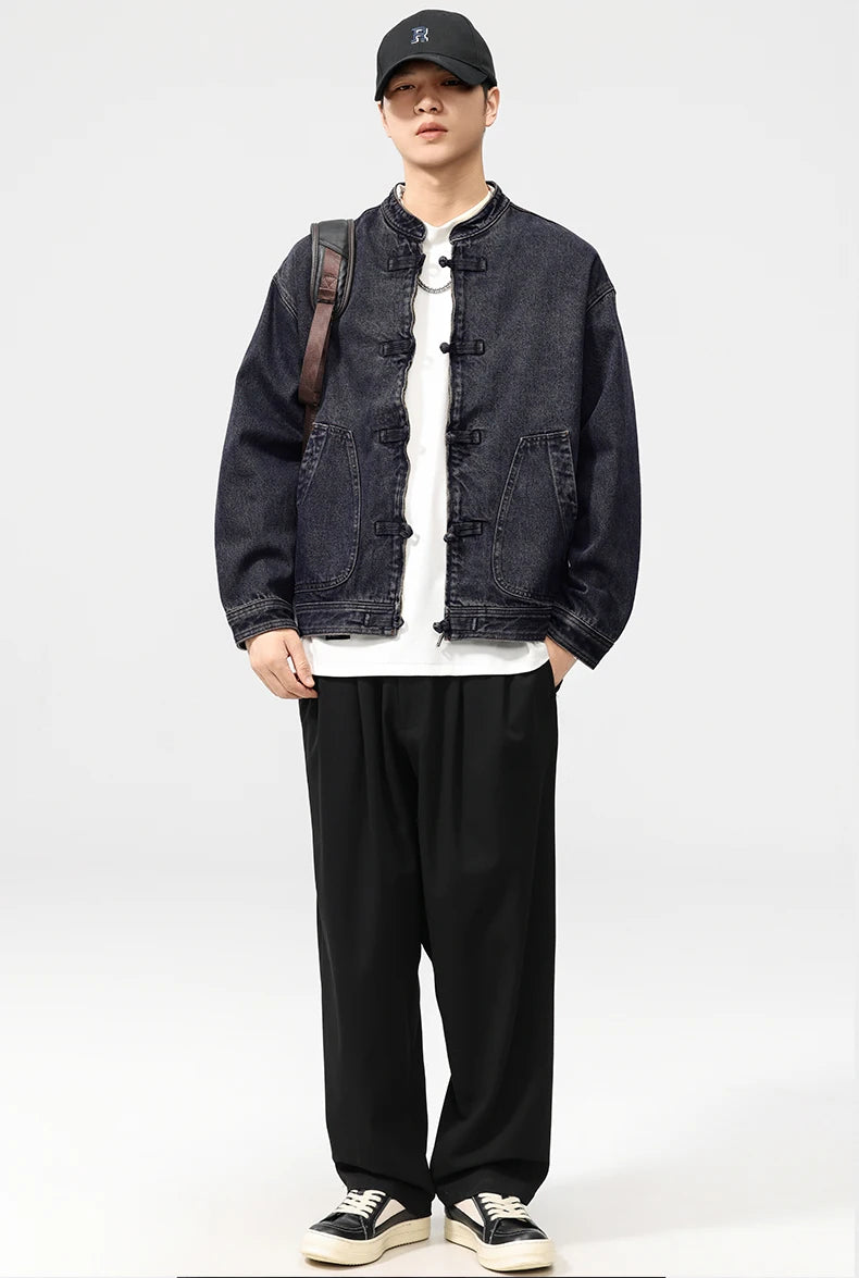 men spring autumn streetwear fashion retro loose casual plus size stand collar denim jacket man jeans coat outerwear unique jeans style 900