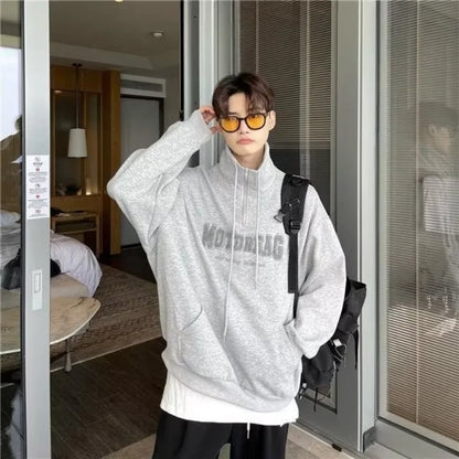 Street Half Zip Hoodie Mens Spring New Vintage Letter Embroidery Loose Sweatshirt Drawstring High Collar Big Pocket Pullover Top Street King Limited