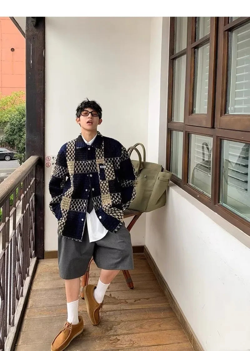 high street lattice mens jackets woven fabric single breasted loose harajuku shirt coats letter embroidered casual male tops unique default style 1819