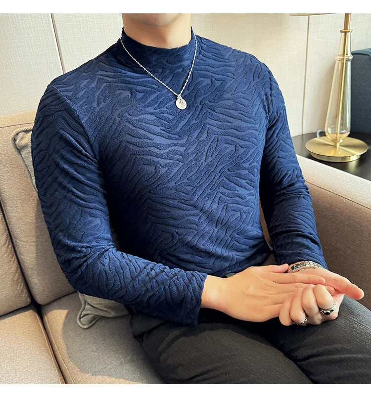 Semi-turtleneck Stretch Slim Fit T Shirt Men Long Sleeve Thicken Velvet Tiger-pattern Bottom T-shirt Business Casual Tshirt Street King Limited