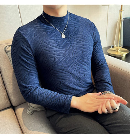 Semi-turtleneck Stretch Slim Fit T Shirt Men Long Sleeve Thicken Velvet Tiger-pattern Bottom T-shirt Business Casual Tshirt Street King Limited