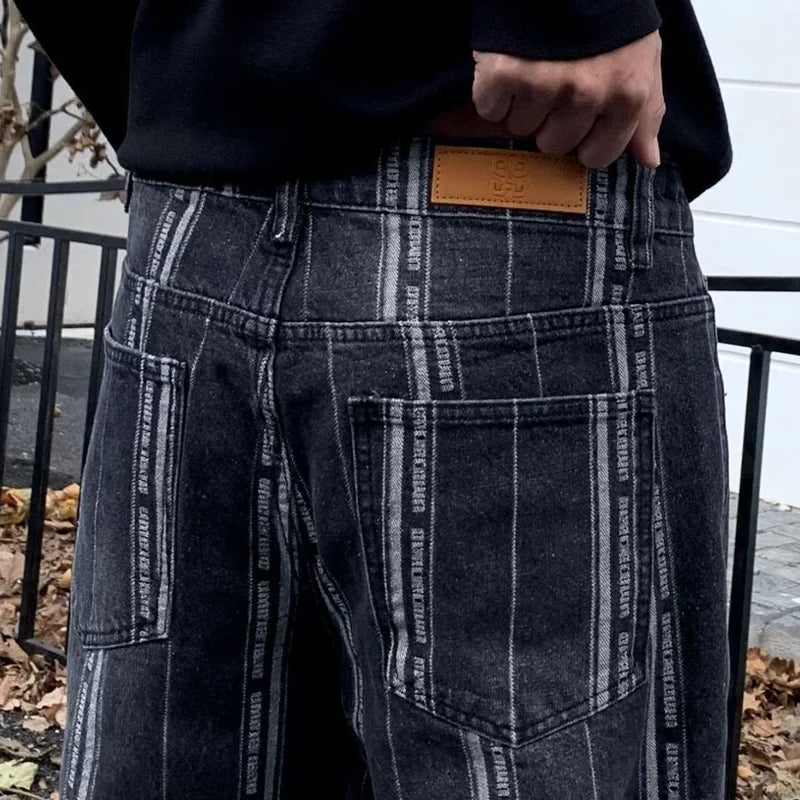 men streetwear brand fashion hip hop loose casual straight stripe motorcycle denim jeans pant cityboy y2k jeans trousers urban skinny jeans