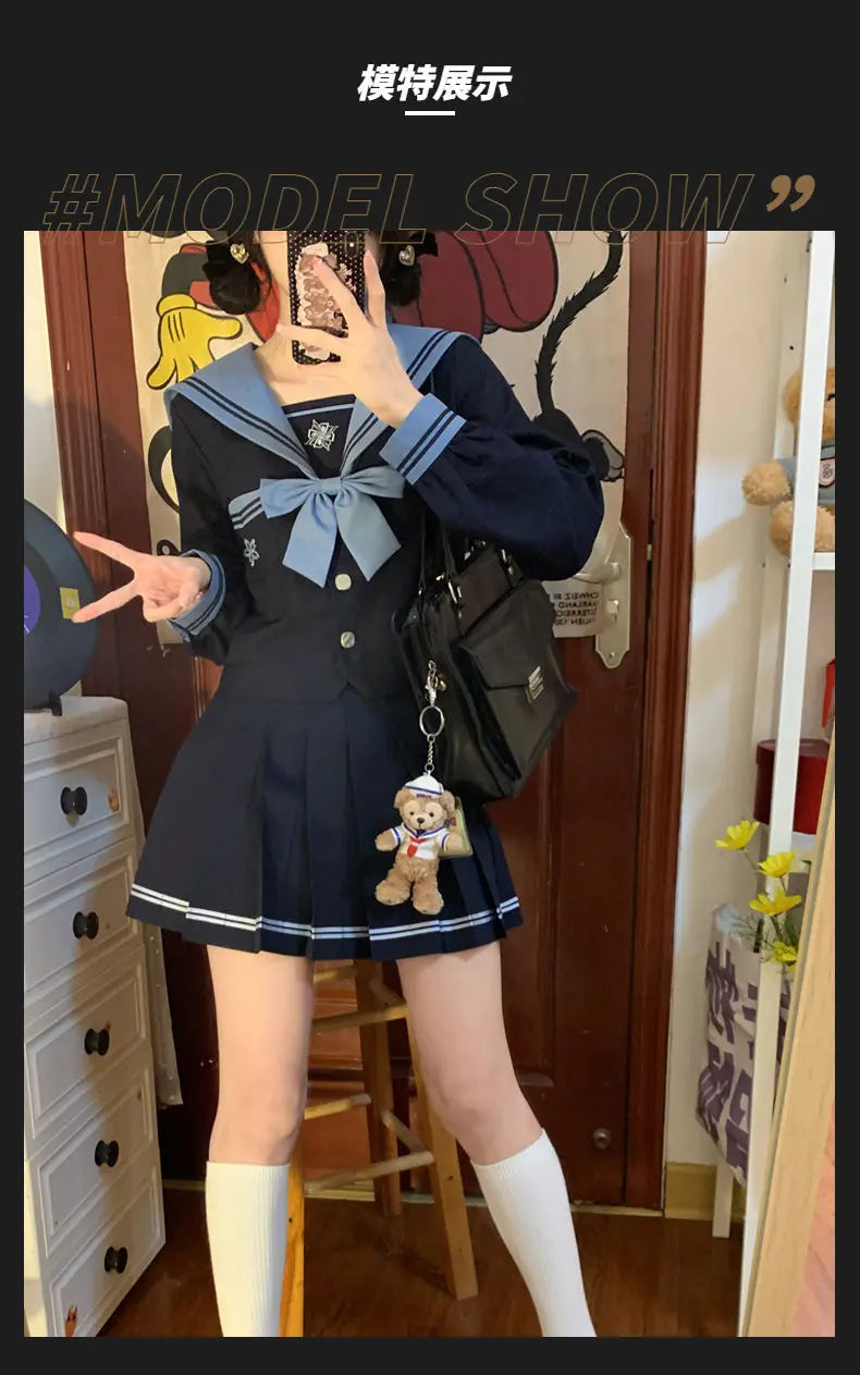 Student Union JK Uniform Sailor Suit Blue Skirt Long Sleeve Navy Collar Bow Tie Two Colors Two-piece Set Vitality Kawaii Street King Limited