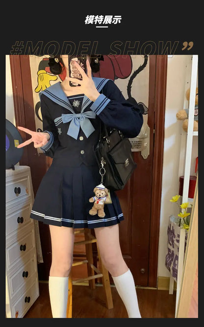 Student Union JK Uniform Sailor Suit Blue Skirt Long Sleeve Navy Collar Bow Tie Two Colors Two-piece Set Vitality Kawaii Street King Limited