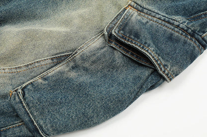 streetwear side pockets pleated washed blue jeans unisex straight baggy y2k denim pants ropa hombre casual cargo pants oversized unique cargo style 5211