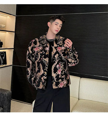 men palace style retro jacquard flower fashion show loose jacket man party dress vintage coat costumes spring autumn clothes unique default style 1239
