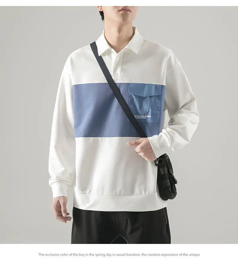 New polo shirt men's contrast color lapel spliced long sleeve t-shirt japanese large size loose sweatshirt bottoming shirt tops Street King Limited