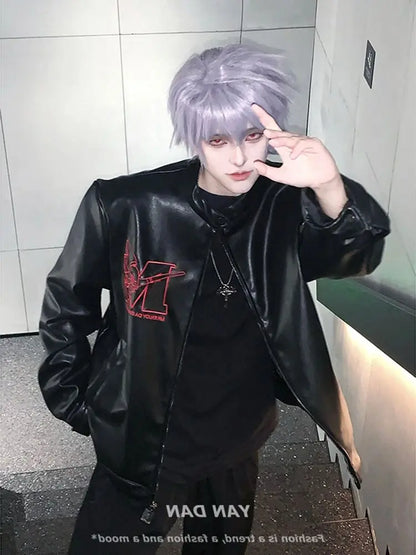 Harajuku Retro Vintage EVA Leather Jackets American High Street Handsome High End Stand up Collar Motorcycle Suit Men Clothing Street King Limited