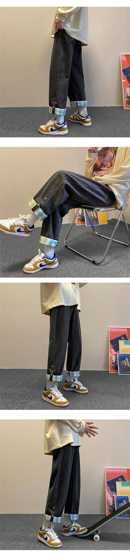 autumn plaid cuffs wide leg jeans for men high street fashion straight denim pants mujer elastic y2k baggy blue jean trousers unique jeans style 836