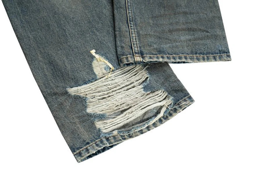 vintage men jeans blue baggy denim pants dirty washed retro loose straight jeans trousers unique jeans style 5915