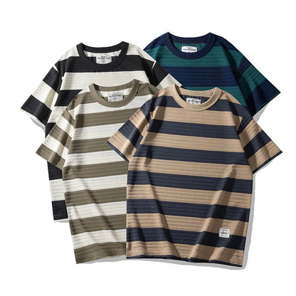 Men's Dark Wide Striped Short Sleeve Tees, Casual Tops, Round Neck, Thick, 100% Cotton, New, Summer Street King Limited