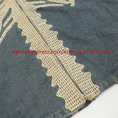 vintage mens long sleeved denim jacket high street oversized washed bone embedding tops clothing autumn winter 2024 heavyweight unique jeans style 1337