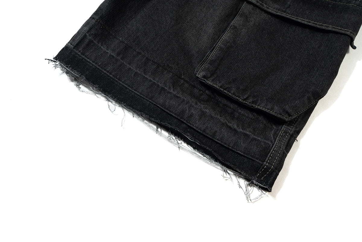 ro style ribbons streetwear multi pockets cargo short for men elastic waist wide leg baggy jeans knee length pants loose overall unique cargo style 4356