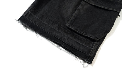ro style ribbons streetwear multi pockets cargo short for men elastic waist wide leg baggy jeans knee length pants loose overall unique cargo style 4356