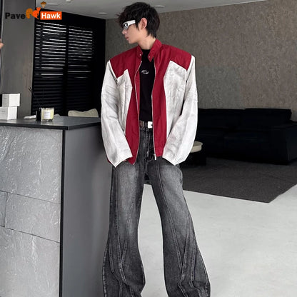 street american color block mens jacket 2024 new autumn zipper patchwork shoulder pads racing coats motorcycle windbreaker minimalist street pants