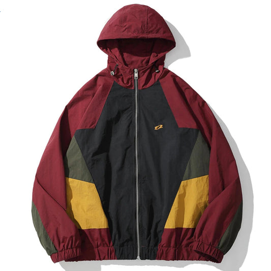 vintage windbreaker jacket men color block patchwork oversized hooded coat streetwear hip hop loose jacket spring autumn outwear clean everyday pants