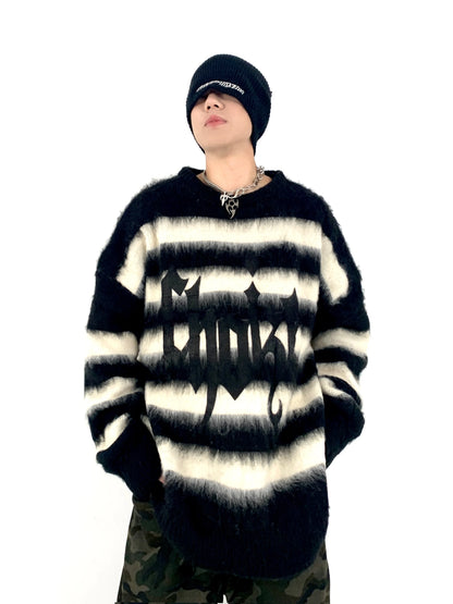 Hip Hop Striped Oversized Sweater Mens Autumn Winter Punk O-neck Long Sleeve Pullover Streetwear Casual Loose Sweaters Clothing Street King Limited