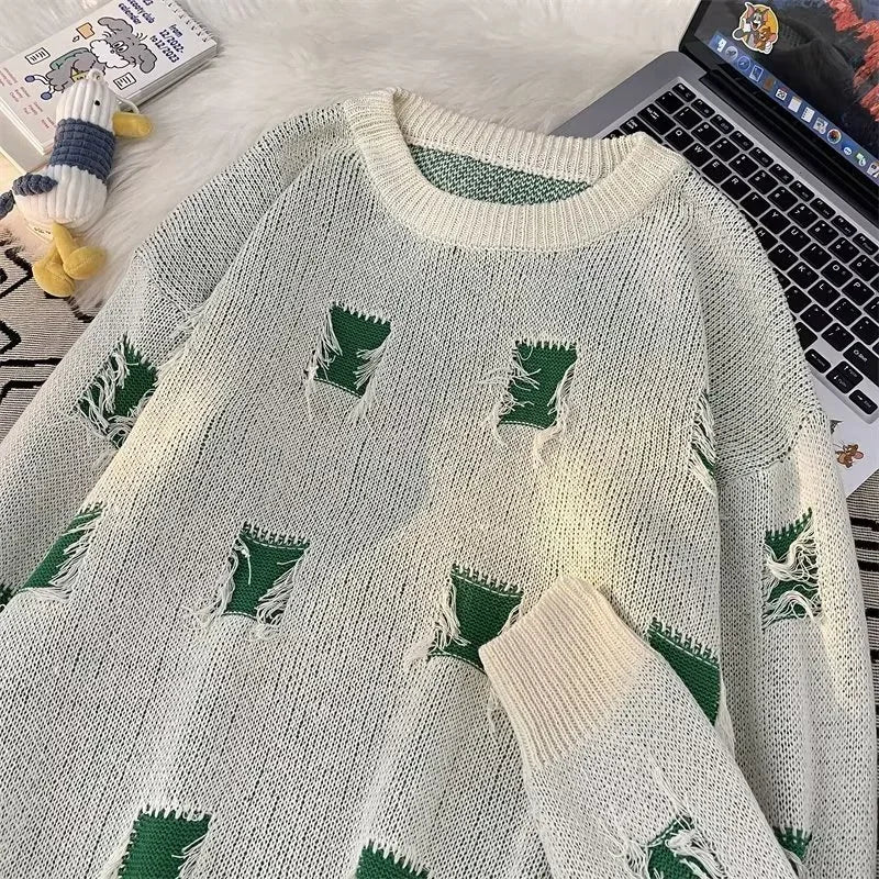 2025 New Ripped Design Crewneck Sweater For Men High Street Patchwork Knitted Jumpers Y2K Vintage Christmas Knitwear Pullovers Street King Limited