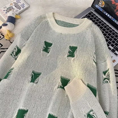 2025 New Ripped Design Crewneck Sweater For Men High Street Patchwork Knitted Jumpers Y2K Vintage Christmas Knitwear Pullovers Street King Limited