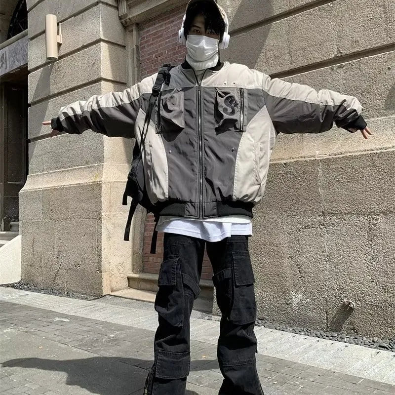 multi pocket bomber jacket men vintage loose varsity coat fashion korean patchwork baseball pilot outerwear unisex spring autumn unique default style 3725