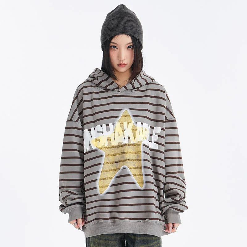 High Street Striped Star Graphic Letter Print Hoodies for Men Oversized Hooded Sweatshirt Autumn Trendy Pullover Men and Women Street King Limited