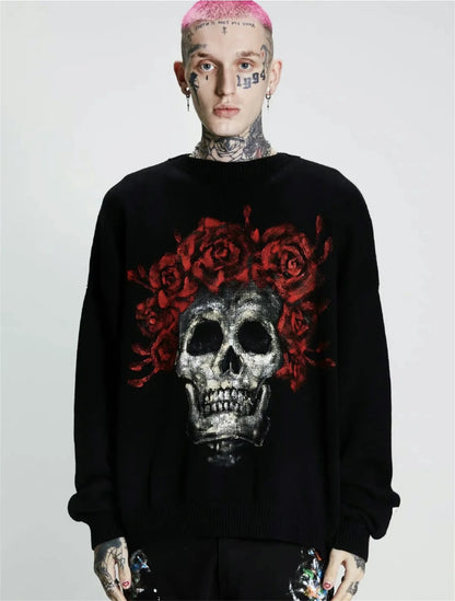 Vintage New Arrival SSSAINT LOUIS Rose Skull Hand-painted High-Street Cotton Casual Pullover Round Neck Sweater Street King Limited