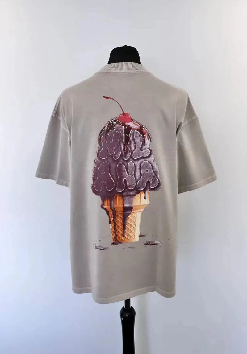 2024 summer new street style ice cream print short sleeve cotton T-shirt men Y2k top Gothic style Harajuku loose couple shirt Street King Limited