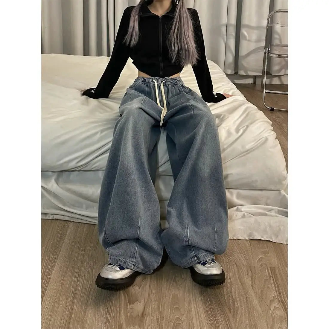 american retro trend personalized elastic band straight leg jeans for men and women loose and wide leg floor length casual pants stacked flare jeans