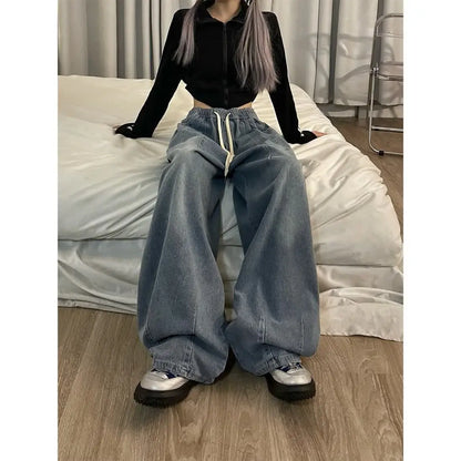 american retro trend personalized elastic band straight leg jeans for men and women loose and wide leg floor length casual pants stacked flare jeans