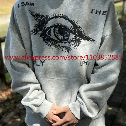 New 2024 Autumn/Winter Vintage Heavy American Hoodie Men's Long Sleeve High Quality Tops High Street Eye Print Casual Fashion Street King Limited