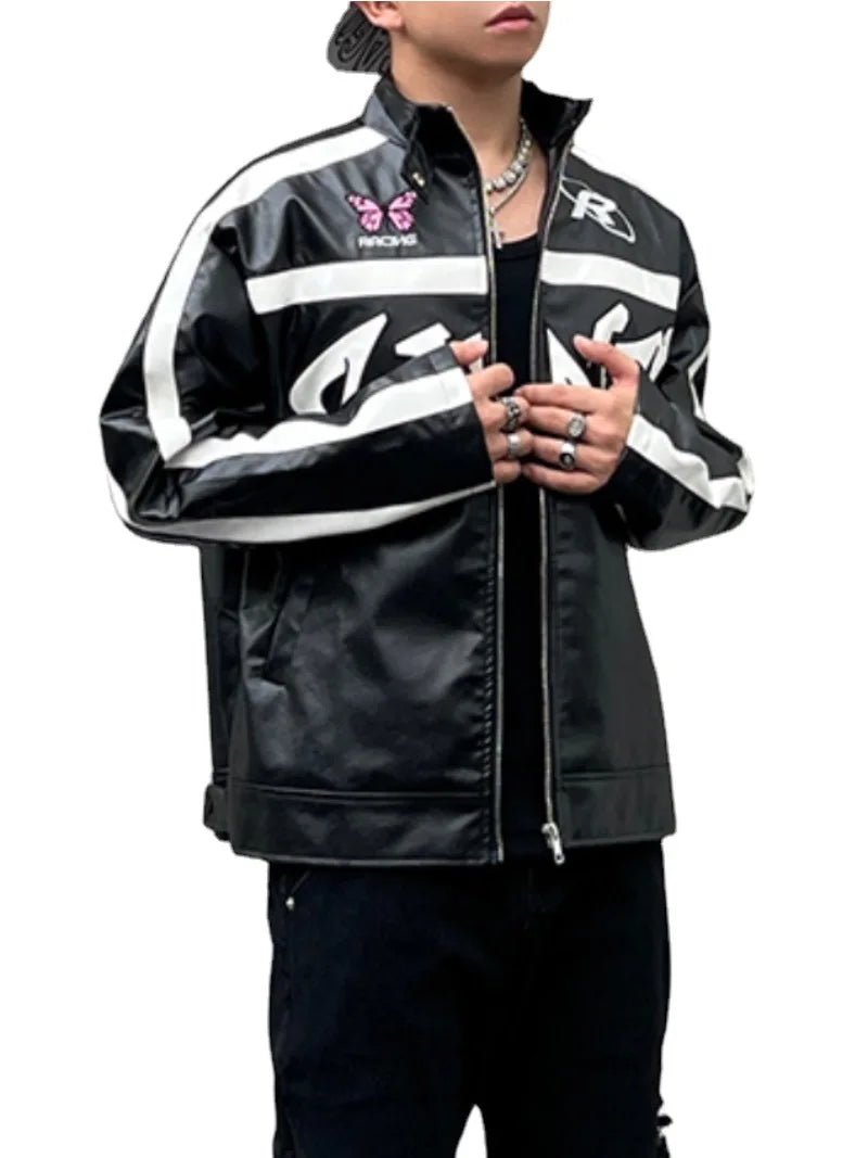 men racing jackets fashion letter embroidery patchwork jacket coats hip hop pu lether outerwear autumn casual streetwear jackets urban fashion pants