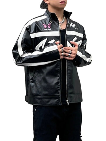 men racing jackets fashion letter embroidery patchwork jacket coats hip hop pu lether outerwear autumn casual streetwear jackets urban fashion pants