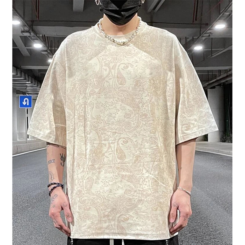Merican Hip-hop Summer Thin Section Suede Cashew Flower Print Tshirts Tops Men and Women Loose Short-sleeved T-shirts Oversized Street King Limited