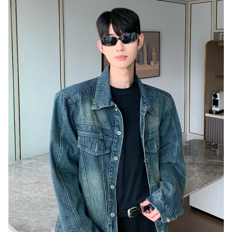 2024 trend mens denim jackets vintage washed design multiple pockets cowboy coats loose shoulder padded cardigan male spring ripped baggy denim