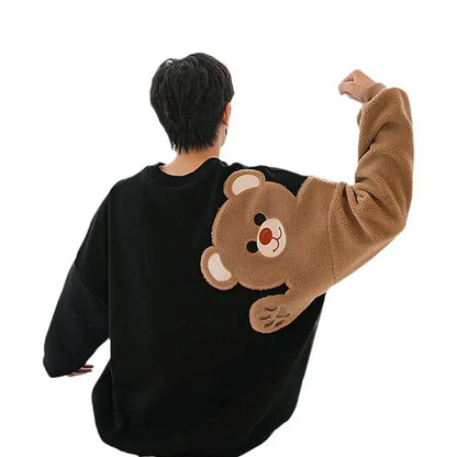 Long-sleeved Round Neck Sweater Lamb Hair Embroidery Flocking Sweater Loose Warm Winter Men's Bear Street King Limited