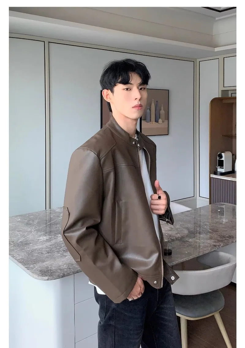 retro american street leather jacket mens autumn 2024 motorcycle standing collar trendy short coat zipper loose bomber outwear unique shorts style 2666