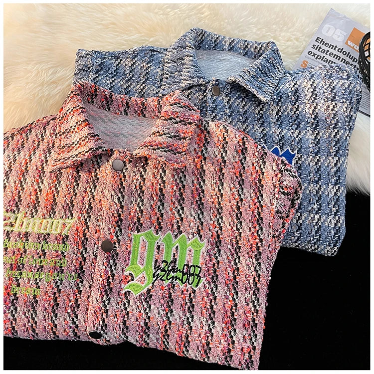 american retro plaid jacket korean trend couple jackets embroidery design unisex outerwear loose plus size mens coat unique default style 1008